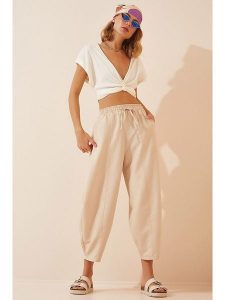 Happiness Istanbul Spodnie w kolorze beżowym rozmiar: 40. Brązowe spodnie z wysokim stanem Happiness Istanbul, bez wzorów, z materiału, z podwyższonym stanem. Za 43,68 zł.