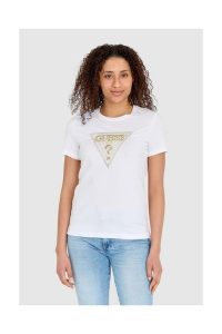 GUESS Biały t-shirt damski ze złotym haftowanym cyrkoniami logotypem slim fit. Białe t-shirty Guess, s, z aplikacjami, z bawełny, bez kołnierzyka, bez ramiączek. W wyprzedaży za 190,99 zł.