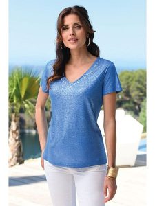 Bleu d'Azur Koszulka "Maxou" w kolorze niebieskim rozmiar: 44. Niebieskie bluzki Bleu d'Azur, w ażurowe wzory, klasyczne, bez kołnierzyka, bez ramiączek. Za 92,21 zł.