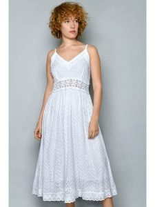 H.H.G. Sukienka w kolorze białym rozmiar: S. Białe sukienki H.H.G., s, bez wzorów, z bawełny, bez kołnierzyka, bez ramiączek, midi, rozkloszowane. Za 88,85 zł.