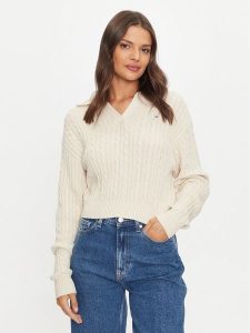 Tommy Jeans Sweter Rugby DW0DW18680 Beżowy Regular Fit. Brązowe swetry klasyczne Tommy Jeans, xl, z bawełny, bez kołnierzyka. Za 269,99 zł.