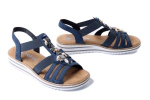 RIEKER V0649-14 blue, sandały damskie. Niebieskie sandały Rieker, bez wzorów, bez obcasa, na koturnie, bez zapięcia. Za 255,92 zł.