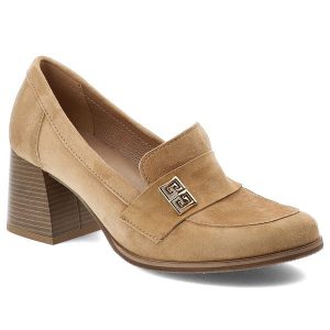 Półbuty damskie Armodo, cholewka ze skóry naturalnej zamszowej wsuwany fason z ozdobnym paskiem i metalowym elementem, brązowe, 20207. Brązowe półbuty Armodo, bez wzorów, ze skóry, bez obcasa, bez zapięcia. Za 365,90 zł.