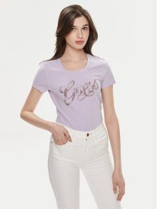 Guess T-Shirt W4GI30 J1314 Fioletowy Slim Fit. Fioletowe t-shirty Guess, xs, z aplikacjami, z bawełny, bez kołnierzyka, bez ramiączek. Za 129,99 zł.