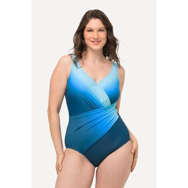Damski Kostium kąpielowy cieniowanie miękkie miseczki dekolt w szpic. Niebieskie stroje jednoczęściowe Ulla Popken, bez wzorów, z elastanu. W wyprzedaży za 195,99 zł.