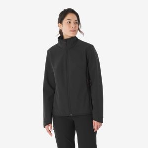 Kurtka turystyczna damska Softshell Forclaz MT100. Czarne kurtki FORCLAZ, m, bez wzorów, z polaru, bez kaptura. Za 199,99 zł.