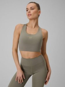 4F Biustonosz treningowy z niskim wsparciem damski - oliwkowy XS. Brązowe biustonosze 4f, bez wzorów, z gumy. Za 89,99 zł.