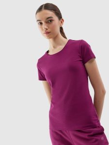 4F T-shirt slim gładki damski - fioletowy XS. Fioletowe t-shirty 4f, xs, bez wzorów, z bawełny, bez kołnierzyka, bez ramiączek. W wyprzedaży za 19,99 zł.
