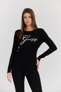GUESS Czarny damski sweter Olive z haftowanym logo, Rozmiar S. Czarne swetry klasyczne Guess, s, z materiału, bez kołnierzyka. W wyprzedaży za 209,99 zł.