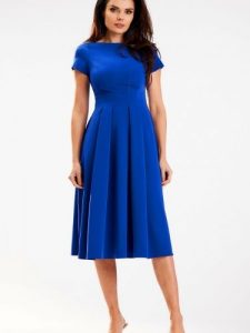 Sukienka Model A569 Blue - awama. Niebieskie sukienki Awama, l, bez wzorów, z elastanu, bez kołnierzyka, plus size, bez ramiączek, midi, rozkloszowane. Za 278,53 zł.