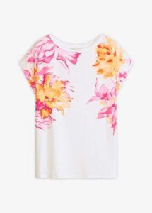T-shirt z obniżoną linią ramion. Białe t-shirty bonprix, bez wzorów, bez kołnierzyka, bez ramiączek. Za 67,99 zł.