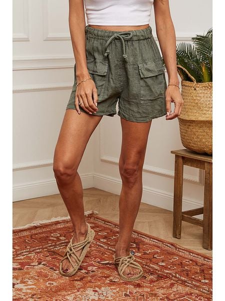 Fleur de Lin Lniane szorty "Boristo" w kolorze khaki rozmiar: XL. Brązowe szorty Fleur de Lin, bez wzorów, ze lnu, z podwyższonym stanem. Za 96,83 zł.