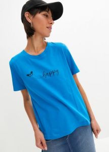 T-shirt z czystej bawełny z nadrukiem. Niebieskie t-shirty bonprix, bez wzorów, z bawełny, bez kołnierzyka, bez ramiączek. Za 39,99 zł.