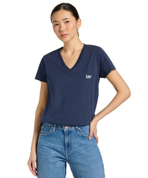DAMSKA KOSZULKA LEE V NECK TEE MOOD INDIGO 112371856. Niebieskie bluzki Lee, m, bez wzorów, bez kołnierzyka, bez ramiączek. Za 89,99 zł.