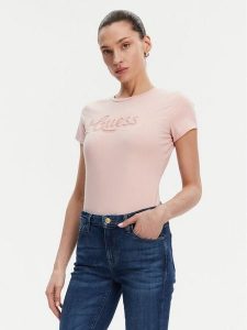 Guess T-Shirt W5GI47 KA0Q1 Różowy Slim Fit. Czerwone t-shirty Guess, m, z aplikacjami, z bawełny, bez kołnierzyka, bez ramiączek. Za 109,99 zł.