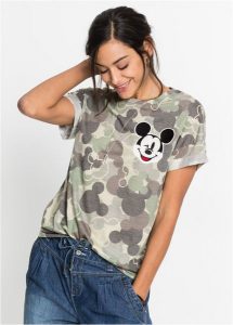 T-shirt z motywem Myszki Miki. Zielone t-shirty bonprix, z aplikacjami, z wiskozy, bez kołnierzyka, bez ramiączek. Za 119,99 zł.