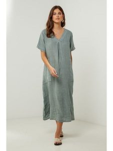 Lin Passion Lniana sukienka w kolorze khaki rozmiar: 34/36. Brązowe sukienki Lin Passion, bez wzorów, ze lnu, klasyczne, bez kołnierzyka, bez ramiączek, midi. Za 131,74 zł.