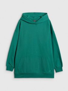 4F Bluza dresowa loose z kapturem damska - zielona L. Zielone bluzy 4f, l, bez wzorów, z dresówki, z kapturem. Za 189,99 zł.