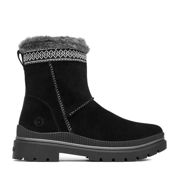 Botki Remonte. Czarne botki Remonte, bez wzorów, bez obcasa, na płaskiej podeszwie, bez zapięcia. Za 329,99 zł.