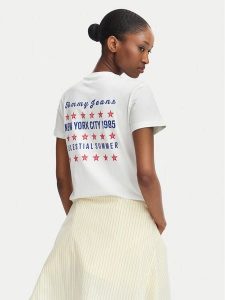 Tommy Jeans T-Shirt DW0DW23481 Biały Regular Fit. Białe t-shirty Tommy Jeans, s, bez wzorów, z bawełny, bez kołnierzyka, bez ramiączek. Za 189,99 zł.