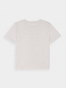 4F T-shirt regular z nadrukiem damski - szary M. Szare t-shirty 4f, m, bez wzorów, z bawełny, bez kołnierzyka, bez ramiączek. W wyprzedaży za 29,99 zł.