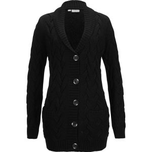 Sweter rozpinany z szalowym kołnierzem i wzorem w warkocze. Czarne długie swetry bonprix, bez kołnierzyka. Za 109,99 zł.