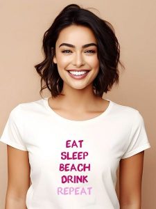 WOOOP Koszulka "Eat sleep beach drink repeat" w kolorze biało-różowym rozmiar: M. Białe bluzki Wooop, m, bez wzorów, z bawełny, bez kołnierzyka, bez ramiączek. Za 56,99 zł.