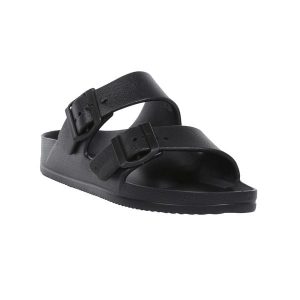 Klapki Damskie Lady Brooklyn. Czarne klapki Regatta, bez wzorów, z materiału, z otwartym noskiem, bez obcasa, na obcasie. Za 89,99 zł.