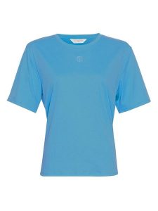 MOSS COPENHAGEN Koszulka w kolorze niebieskim rozmiar: XS/S. Niebieskie bluzki Moss Copenhagen, s, bez wzorów, z bawełny, bez kołnierzyka, bez ramiączek. Za 79,03 zł.