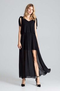 Czarna Warstwowa Maxi Sukienka Wiązana na Ramionach. Czarne sukienki Figl, s, bez wzorów, z elastanu, wizytowe, bez kołnierzyka, bez ramiączek, maxi. Za 369,00 zł.