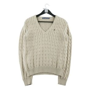 Second life - Damski beżowy sweter z grubym splotem kabla - Jak nowy. Brązowe golfy Ralph Lauren, bez wzorów, ze splotem. Za 255,56 zł.