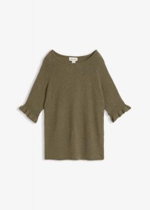 Sweter z mieszanki bawełny, rękawy z falbanką. Zielone swetry klasyczne bonprix, z bawełny, bez kołnierzyka. Za 109,99 zł.