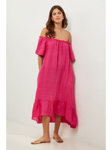 Lin Passion Lniana sukienka w kolorze różowym rozmiar: 34/36. Różowe sukienki Lin Passion, bez wzorów, ze lnu, klasyczne, bez kołnierzyka, bez ramiączek, midi. Za 173,99 zł.