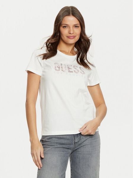 Guess T-Shirt W5RI19 I3Z14 Biały Regular Fit. Białe t-shirty Guess, xs, z aplikacjami, z bawełny, bez kołnierzyka, bez ramiączek. Za 89,99 zł.