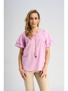 Marks & Spencer Bluzka w kolorze jasnoróżowym rozmiar: 36. Różowe bluzki Marks & Spencer, bez wzorów, bez kołnierzyka, bez ramiączek. Za 96,83 zł.