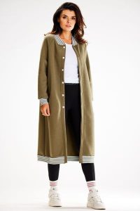 Długa Rozpinana Bluza ze Stójką - Khaki. Brązowe bluzy Awama, l, bez wzorów, z bawełny, bez kaptura. Za 228,90 zł.
