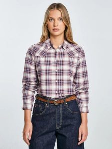 Koszula damska flanelowa z w kratę niebiesko-bordowa Dreni 401. Niebieskie koszule Big Star, l, bez wzorów, z jeansu, bez kołnierzyka, bez ramiączek. Za 229,99 zł.