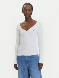 Tommy Jeans Bluzka Henley DW0DW20903 Biały Slim Fit. Białe bluzki Tommy Jeans, xs, bez wzorów, z bawełny, bez kołnierzyka, bez ramiączek. Za 139,99 zł.
