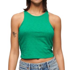 Dopasowany top damski Superdry. Zielone topy Superdry, bez wzorów, bez kołnierzyka, bez ramiączek. Za 117,95 zł.