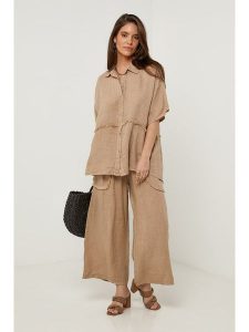 Lin Passion Lniana koszula w kolorze karmelowym rozmiar: 38/40. Brązowe koszule Lin Passion, bez wzorów, ze lnu, bez kołnierzyka, bez ramiączek. Za 143,99 zł.