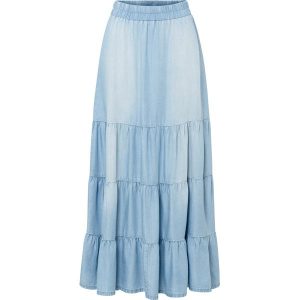 Długa spódnica z falban. Niebieskie spódnice bonprix, bez wzorów, z denimu, maxi. Za 147,99 zł.