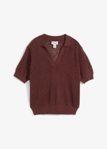 T-shirt ażurowy polo z domieszką lnu. Brązowe t-shirty bonprix, w ażurowe wzory, bez kołnierzyka, bez ramiączek. Za 59,99 zł.
