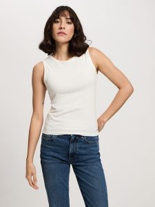 Cross Jeans Top w kolorze białym rozmiar: S. Białe topy Cross Jeans, s, bez wzorów, z jeansu, bez kołnierzyka, bez ramiączek. Za 46,45 zł.