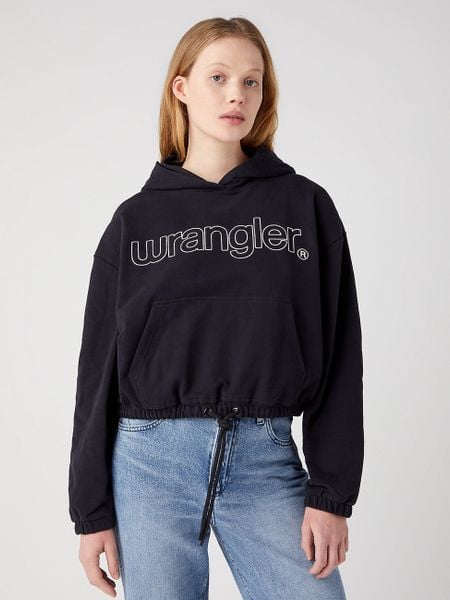 WRANGLER DAMSKA BLUZA Z KAPTUREM WRANGLER DRAWHEM HOODIE BLACK 112342761. Czarne bluzy Wrangler, m, bez wzorów, z kapturem. Za 189,99 zł.