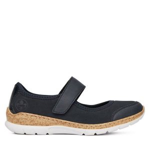 Półbuty Rieker. Niebieskie półbuty Rieker, bez wzorów, bez obcasa, na płaskiej podeszwie, bez zapięcia. Za 319,99 zł.