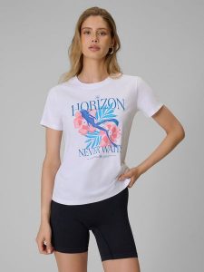 4F T-shirt regular z nadrukiem damski - biały XL. Białe t-shirty 4f, xl, bez wzorów, z bawełny, bez kołnierzyka, bez ramiączek. Za 59,99 zł.