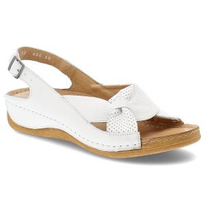 Białe Sandały Armodo Stylowe Obuwie Damskie. Białe sandały Armodo, bez wzorów, ze skóry, bez obcasa, na koturnie, bez zapięcia. Za 259,00 zł.
