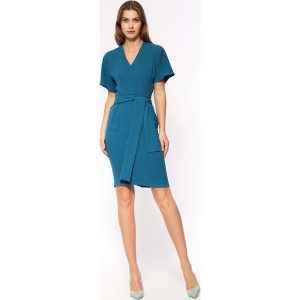 Elegancka Sukienka Wiązana w Pasie - Lazurowa. Niebieskie sukienki Nife, xxl, bez wzorów, z elastanu, eleganckie, bez kołnierzyka, bez ramiączek. Za 237,90 zł.