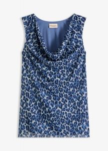 Top z dekoltem kaskadowym. Niebieskie topy bonprix, bez wzorów, eleganckie, bez kołnierzyka, bez ramiączek. Za 54,99 zł.