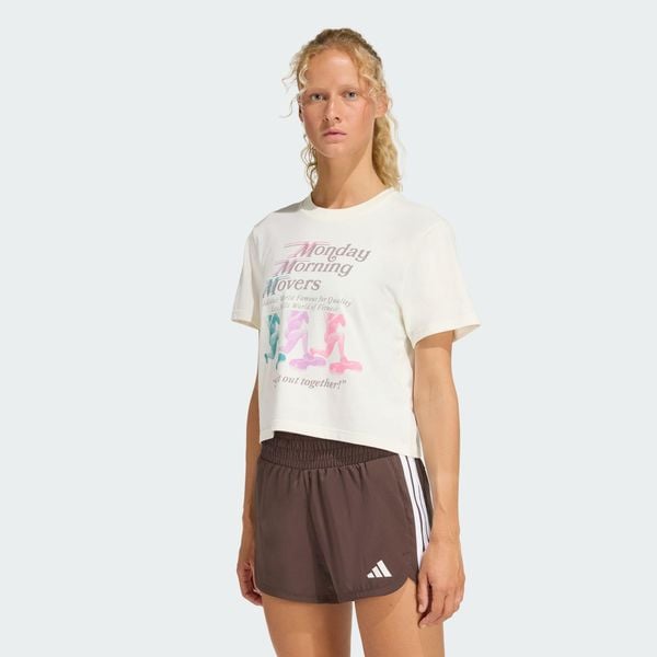 Koszulka Lesmills Movers Graphic. Białe bluzki ADIDAS, bez wzorów, z dzianiny, sportowe, bez kołnierzyka, bez ramiączek. W wyprzedaży za 81,95 zł.